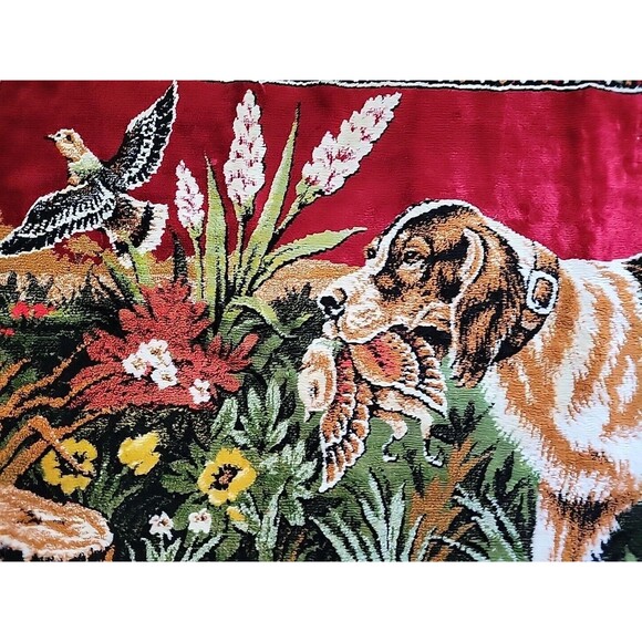 VTG Pointer Dog Bird Hunt Scene Tapestry Rug Rayon Cotton 38x20" Man Cave Cabin - Picture 5 of 8